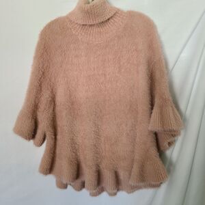 Anthropologie Light Blush Pink Eyelash Knit‎ Ruffled Turtleneck Poncho O/S